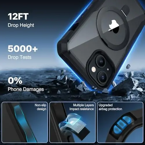 CENHUFO Privacy for iPhone 15 Case, Full Body Phone Case [Compatible with Magsafe] Built-in 9H Tempered Glass Privacy Screen Protector and Magnetic Ring Stand, Clear Camera Lens Cover - Black - 4