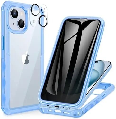 CENHUFO iPhone 15 Plus Kılıfı için Gizlilik, Dahili 9H Temperli Cam Gizlilik Ekran Koruyucu ve Kamera Lensi Koruyucu, Anti Peep Casus Darbeye Dayanıklı Tampon Şeffaf Kapak - Mavi - CENHUFO