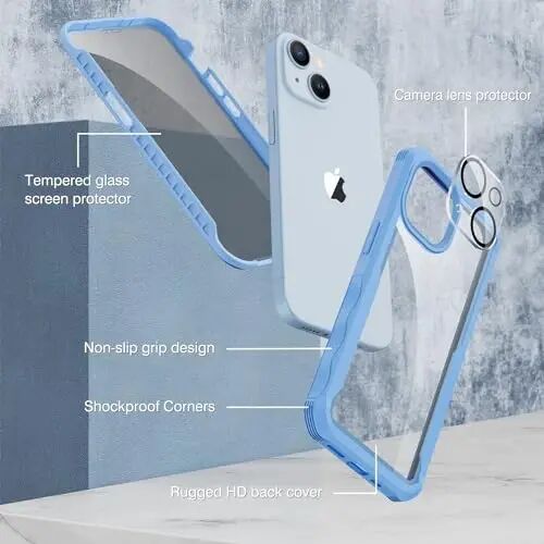 CENHUFO iPhone 15 Plus Kılıfı için Gizlilik, Dahili 9H Temperli Cam Gizlilik Ekran Koruyucu ve Kamera Lensi Koruyucu, Anti Peep Casus Darbeye Dayanıklı Tampon Şeffaf Kapak - Mavi - 3