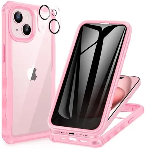 CENHUFO iPhone 15 Plus Kılıfı için Gizlilik, Dahili 9H Temperli Cam Gizlilik Ekran Koruyucu ve Kamera Lensi Koruyuculu Tam Gövde Telefon Kılıfı, Gözetleme Önleyici Casus Darbeye Dayanıklı Tampon Şeffaf Kapak - Pembe 