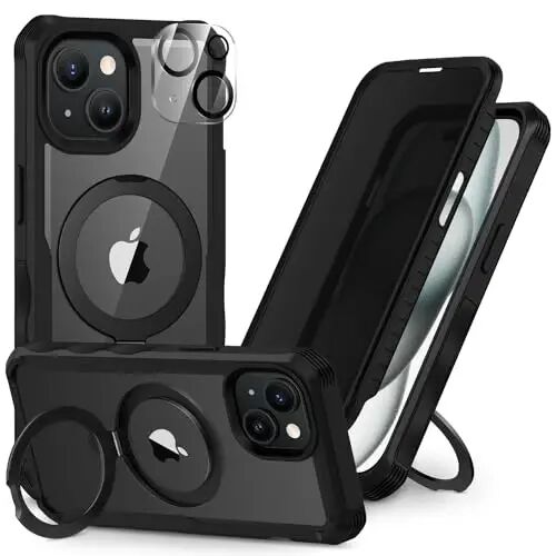 CENHUFO iPhone 15 Plus Kılıfı için Gizlilik, Tam Gövde Telefon Kılıfı [Magsafe ile Uyumlu] Dahili 9H Temperli Cam Gizlilik Ekran Koruyucu ve Manyetik Halka Standı, Şeffaf Kamera Lens Kapağı - Siyah - 1