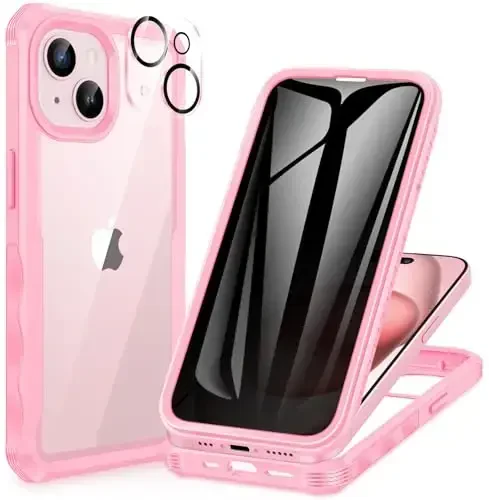 CENHUFO iPhone 15 Plus uchun maxfiylik gʻilofi, oʻrnatilgan 9H temperli shisha maxfiylik ekran himoyachisi va kamera linzalari himoyachisi, koʻzdan kechiruvchi, zarbaga chidamli bamperli tiniq qopqoq - Pushti 