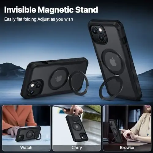 CENHUFO iPhone 15 Plus uchun shaxsiy himoya gʻilofi, toʻliq korpusli telefon gʻilofi [Magsafe bilan mos] Oʻrnatilgan 9H temperli shisha shaxsiy himoya ekrani va magnit halqali stend, shaffof kamera linzalari qopqogʻi - Qora - 6