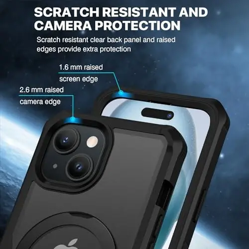CENHUFO iPhone 15 Plus uchun shaxsiy himoya gʻilofi, toʻliq korpusli telefon gʻilofi [Magsafe bilan mos] Oʻrnatilgan 9H temperli shisha shaxsiy himoya ekrani va magnit halqali stend, shaffof kamera linzalari qopqogʻi - Qora - 7