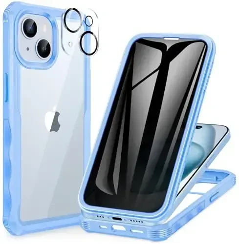 CENHUFO iPhone 15 Plus uchun shaxsiy qopqoq, oʻrnatilgan 9H temperli shisha shaxsiy ekran himoyachisi va kamera linzalari himoyachisi, koʻzdan kechiruvchi zarbga chidamli bamper shaffof qopqoqli toʻliq tanali telefon qopqogʻi - koʻk - CENHUFO