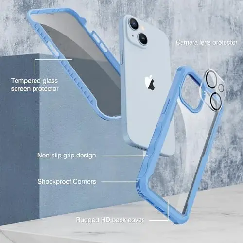 CENHUFO iPhone 15 Plus uchun shaxsiy qopqoq, oʻrnatilgan 9H temperli shisha shaxsiy ekran himoyachisi va kamera linzalari himoyachisi, koʻzdan kechiruvchi zarbga chidamli bamper shaffof qopqoqli toʻliq tanali telefon qopqogʻi - koʻk - 3