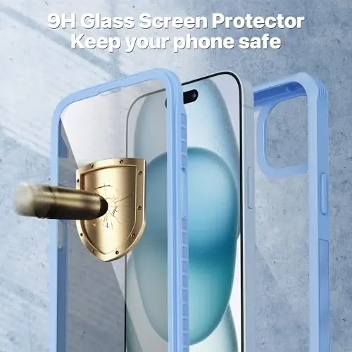 CENHUFO iPhone 15 Plus uchun shaxsiy qopqoq, oʻrnatilgan 9H temperli shisha shaxsiy ekran himoyachisi va kamera linzalari himoyachisi, koʻzdan kechiruvchi zarbga chidamli bamper shaffof qopqoqli toʻliq tanali telefon qopqogʻi - koʻk - 4