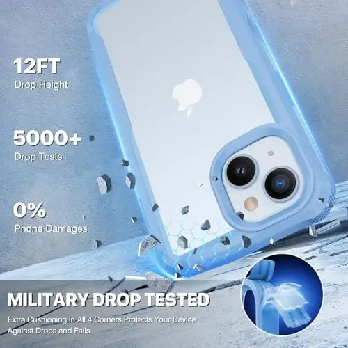 CENHUFO iPhone 15 Plus uchun shaxsiy qopqoq, oʻrnatilgan 9H temperli shisha shaxsiy ekran himoyachisi va kamera linzalari himoyachisi, koʻzdan kechiruvchi zarbga chidamli bamper shaffof qopqoqli toʻliq tanali telefon qopqogʻi - koʻk - 5