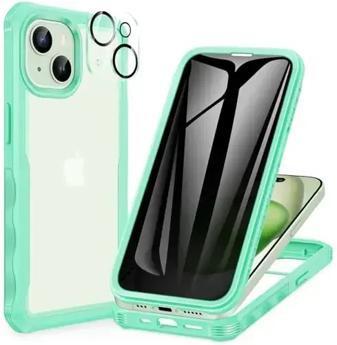 CENHUFO iPhone 15 Plus uchun shaxsiy qulf, o'rnatilgan 9H temperli shisha shaxsiy ekran himoyachisi va kamera linzalari himoyachisi, anti-peep josus zarbaga chidamli bamper shaffof qopqog'i bilan to'liq korpusli telefon qutisi - Yashil 