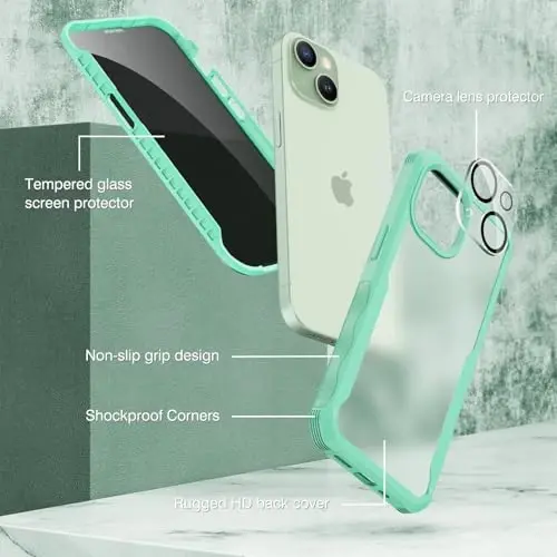 CENHUFO iPhone 15 Plus uchun shaxsiy qulf, o'rnatilgan 9H temperli shisha shaxsiy ekran himoyachisi va kamera linzalari himoyachisi, anti-peep josus zarbaga chidamli bamper shaffof qopqog'i bilan to'liq korpusli telefon qutisi - Yashil - 3