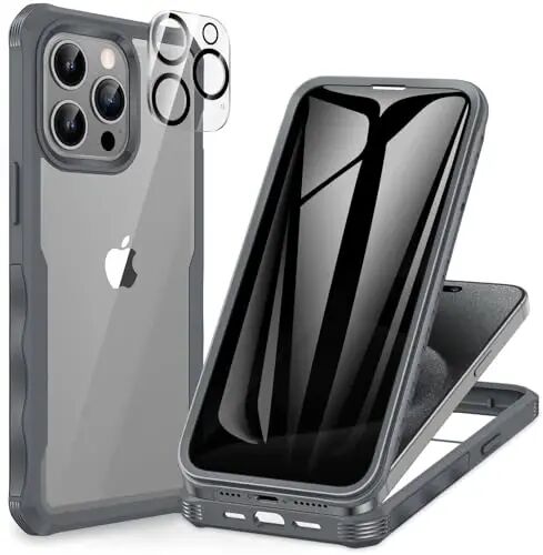 CENHUFO iPhone 15 Pro Kılıfı için Gizlilik, Dahili 9H Temperli Cam Gizlilik Ekran Koruyucu ve Kamera Lens Koruyuculu Tam Gövde Telefon Kılıfı, Anti Peep Casus Darbeye Dayanıklı Tampon Şeffaf Kapak - Gri - CENHUFO