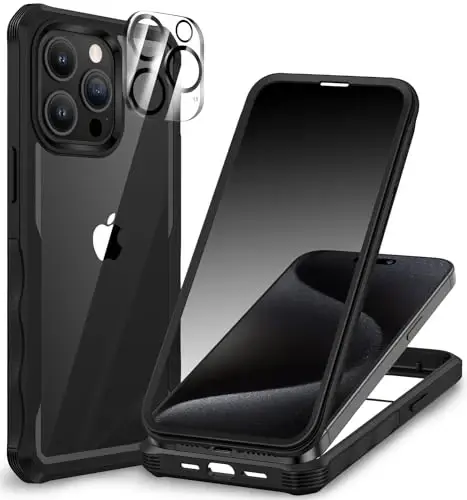 CENHUFO Privacy for iPhone 15 Pro Case, Full Body Phone Case with Built-in 9H Tempered Glass Privacy Screen Protector and Camera Lens Protector, Anti Peep Spy Shockproof Bumper Clear Cover - Black 