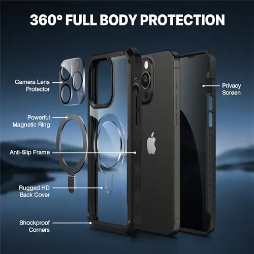 CENHUFO Privacy for iPhone 15 Pro Case, Full Body Phone Case [Compatible with Magsafe] Built-in 9H Tempered Glass Privacy Screen Protector and Magnetic Ring Stand, Clear Camera Lens Cover - Black - 2