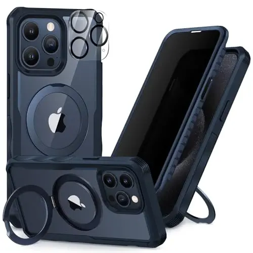 CENHUFO Privacy for iPhone 15 Pro Case, Full Body Phone Case [Compatible with Magsafe] Built-in 9H Tempered Glass Privacy Screen Protector and Magnetic Ring Stand, Clear Camera Lens Cover - Blue - 1
