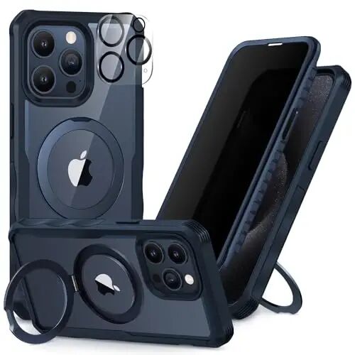 CENHUFO Privacy for iPhone 15 Pro Case, Full Body Phone Case [Compatible with Magsafe] Built-in 9H Tempered Glass Privacy Screen Protector and Magnetic Ring Stand, Clear Camera Lens Cover - Blue - CENHUFO