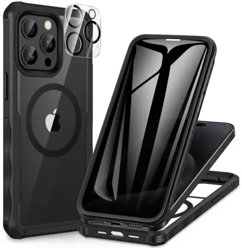 CENHUFO iPhone 15 Pro Max Kılıfı için Gizlilik, Dahili 9H Temperli Cam Gizlilik Ekran Koruyucusu ve Kamera Lensi Koruyucusu ile Tam Gövde Telefon Kılıfı, Anti Peep Darbeye Dayanıklı Tampon Şeffaf Kapak - Siyah 