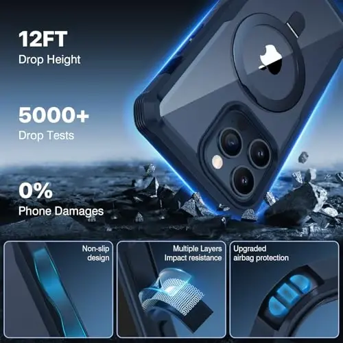 CENHUFO Privacy for iPhone 15 Pro Max Case, Full Body Phone Case [Compatible with Magsafe] Built-in 9H Tempered Glass Privacy Screen Protector and Magnetic Ring Stand, Clear Camera Lens Cover -Blue - 6