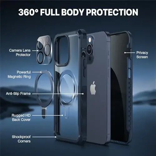 CENHUFO Privacy for iPhone 15 Pro Max Case, Full Body Phone Case [Compatible with Magsafe] Built-in 9H Tempered Glass Privacy Screen Protector and Magnetic Ring Stand, Clear Camera Lens Cover -Blue - 2