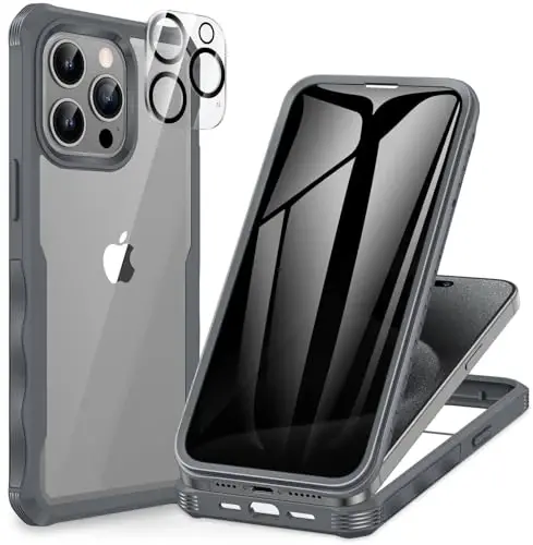 CENHUFO iPhone 15 Pro Max uchun maxfiylik gʻilofi, 9H закалённого shisha maxfiylik ekran himoyachisi va kamera ob'ektivini himoya qiluvchi o'rnatilgan to'liq korpusli telefon g'ilofi, zarbaga chidamli bamperli shaffof qopqoq - kulrang 