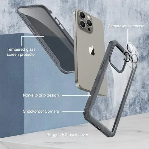 CENHUFO iPhone 15 Pro Max uchun maxfiylik gʻilofi, 9H закалённого shisha maxfiylik ekran himoyachisi va kamera ob'ektivini himoya qiluvchi o'rnatilgan to'liq korpusli telefon g'ilofi, zarbaga chidamli bamperli shaffof qopqoq - kulrang - 3