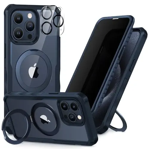 CENHUFO iPhone 15 Pro Max uchun maxfiylik g'ilofi, to'liq korpusli telefon g'ilofi [Magsafe bilan mos keladi] O'rnatilgan 9H temperli shisha maxfiylik ekran himoyachisi va magnit halqali stend, shaffof kamera linzalari qopqog'i - ko'k 