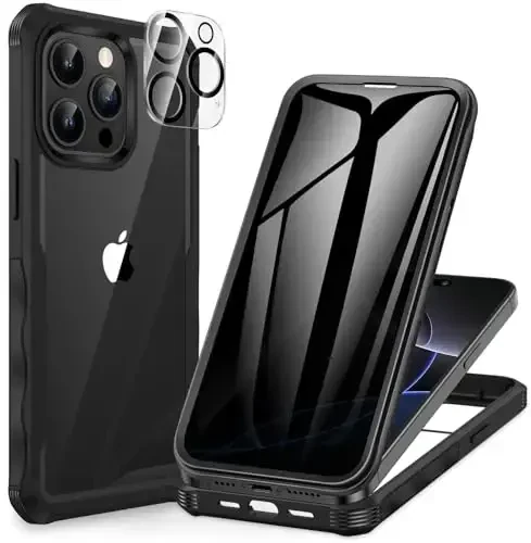 CENHUFO iPhone 15 Pro Max uchun Maxfiylik himoyasi, o'rnatilgan 9H temperli shisha maxfiylik ekran himoyachisi va kamera linzalari himoyachisi, zarbaga chidamli bamperli shaffof qopqoqli to'liq tanani qoplaydigan telefon qutisi - Qora - CENHUFO