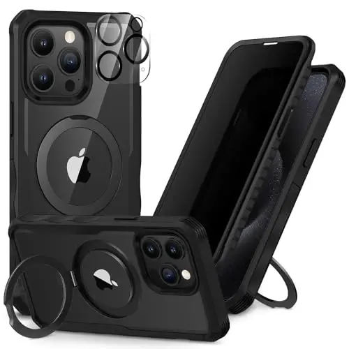 CENHUFO iPhone 15 Pro Max uchun shaxsiy qulf, to'liq tana telefon qutisi [Magsafe bilan mos keladi] O'rnatilgan 9H temperli shisha shaxsiy ekran himoyachisi va magnit halqa stendi, kamera linzalari uchun shaffof qopqoq -Qora 