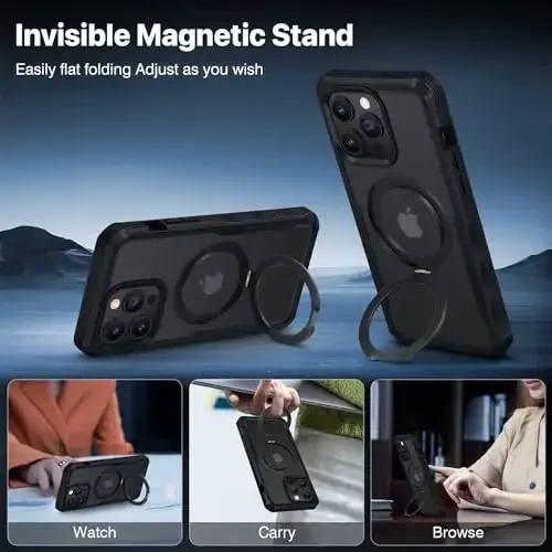 CENHUFO iPhone 15 Pro uchun shaxsiy holat, to'liq korpusli telefon qutisi [Magsafe bilan mos keladi] O'rnatilgan 9H temperli shisha shaxsiy ekran himoyachisi va magnit halqa stendi, shaffof kamera linzalari qopqog'i - qora - 5