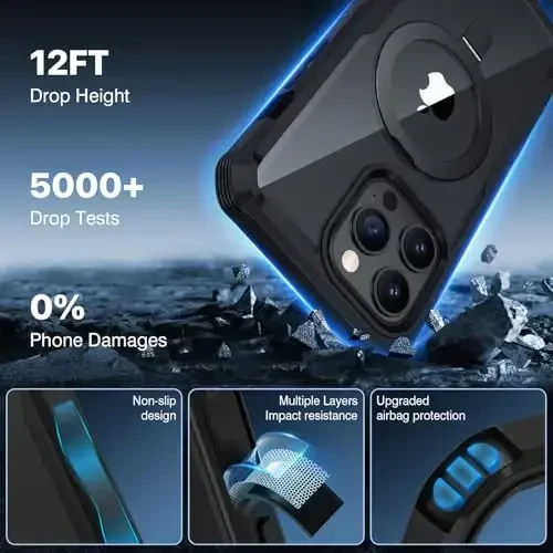 CENHUFO iPhone 15 Pro uchun shaxsiy holat, to'liq korpusli telefon qutisi [Magsafe bilan mos keladi] O'rnatilgan 9H temperli shisha shaxsiy ekran himoyachisi va magnit halqa stendi, shaffof kamera linzalari qopqog'i - qora - 6