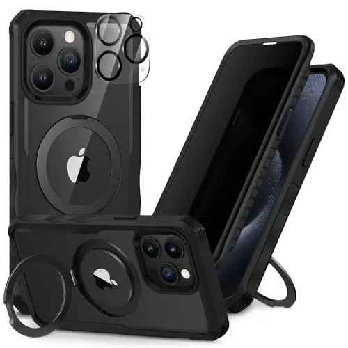 CENHUFO iPhone 15 Pro uchun shaxsiy holat, to'liq korpusli telefon qutisi [Magsafe bilan mos keladi] O'rnatilgan 9H temperli shisha shaxsiy ekran himoyachisi va magnit halqa stendi, shaffof kamera linzalari qopqog'i - qora 