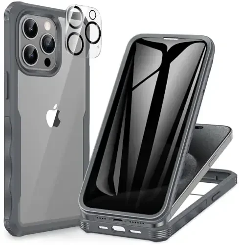 CENHUFO iPhone 15 Pro uchun shaxsiy qulf, o'rnatilgan 9H temperlangan shisha shaxsiy ekran himoyachisi va kamera linzalari himoyachisi bilan to'liq tanali telefon qulfi, anti-peep josus zarbaga chidamli tampon toza qopqoq - kulrang 