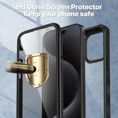 CENHUFO iPhone 15 Pro uchun shaxsiy qulf, o'rnatilgan 9H temperli shisha shaxsiy ekran himoyachisi va kamera linzalari himoyachisi bilan to'liq korpusli telefon qutisi, Anti Peep Spy zarbga chidamli bamperli shaffof qopqoq - Qora 