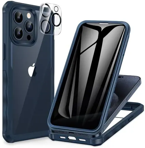 CENHUFO iPhone 15 Pro uchun shaxsiy qulf, o'rnatilgan 9H temperli shisha shaxsiy ekran himoyachisi va kamera linzalari himoyachisi, josuslikka qarshi zarbga chidamli tamponli tiniq qopqoq - Moviy - 1