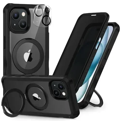 CENHUFO iPhone 15 uchun maxfiylik gʻilofi, toʻliq korpusli telefon gʻilofi [Magsafe bilan mos] Oʻrnatilgan 9H temperli shisha maxfiylik ekrani himoyachisi va magnit halqali stend, shaffof kamera linzalari qopqogʻi - Qora - 1