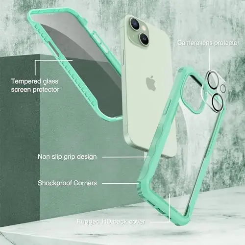 CENHUFO iPhone 15 uchun shaxsiy himoya qutisi, o'rnatilgan 9H temperlangan shisha shaxsiy himoya ekrani va kamera linzalari himoyachisi, anti-peep josuslikka qarshi zarbaga chidamli bamper shaffof qopqoq - Yashil - 3