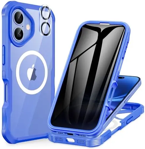 CENHUFO iPhone 16 G'ilof uchun magnit maxfiylik [Magsafe bilan mos keladi] To'liq korpusli telefon g'iloflari o'rnatilgan 9H temperli shisha maxfiylik ekran himoyachisi va kamera linzalari qopqog'i, zarbaga chidamli bamper - Och ko'k 