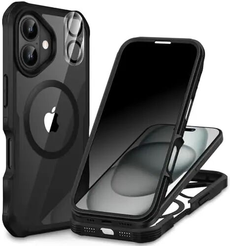 CENHUFO Magnetic Privacy for iPhone 16 Case [Compatible with Magsafe] Full Body Phone Case Built-in 9H Tempered Glass Privacy Screen Protector and Camera Lens Cover, Shockproof Bumper Clear -Black - CENHUFO