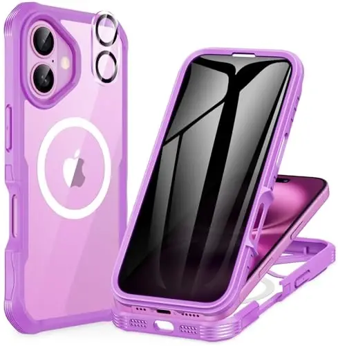 CENHUFO Magnetic Privacy for iPhone 16 Case [Compatible with Magsafe] Full Body Phone Case Built-in 9H Tempered Glass Privacy Screen Protector and Camera Lens Cover, Shockproof Bumper Clear -Rose Pink 