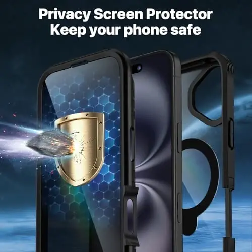 CENHUFO Privacy for iPhone 16 Case [Compatible with Magsafe] Full Body Phone Case Built-in 9H Tempered Glass Privacy Screen Protector and 360° Spin Magnetic Stand Ring, Camera Lens Cover - Black - 7