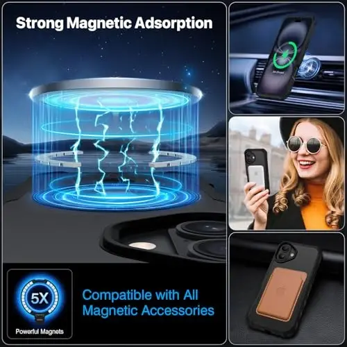 CENHUFO Privacy for iPhone 16 Case [Compatible with Magsafe] Full Body Phone Case Built-in 9H Tempered Glass Privacy Screen Protector and 360° Spin Magnetic Stand Ring, Camera Lens Cover - Black - 5