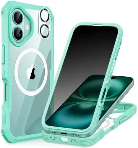 CENHUFO Magnetic Privacy for iPhone 16 Plus Case [Compatible with Magsafe] Full Body Phone Case Built-in 9H Tempered Glass Privacy Screen Protector and Camera Lens Cover, Shockproof Bumper - Green 