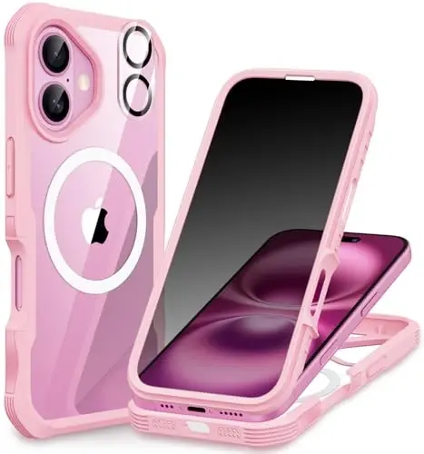 CENHUFO Magnetic Privacy for iPhone 16 Plus Case [Compatible with Magsafe] Full Body Phone Case Built-in 9H Tempered Glass Privacy Screen Protector and Camera Lens Cover, Shockproof Bumper - Pink - 1
