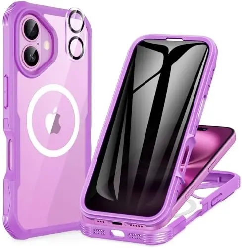 CENHUFO iPhone 16 Plus Kılıf için Manyetik Gizlilik [Magsafe ile Uyumlu] Tam Gövde Telefon Kılıfı Dahili 9H Temperli Cam Gizlilik Ekran Koruyucu ve Kamera Merceği Kapağı, Darbeye Dayanıklı Tampon -Gül Pembesi - 1