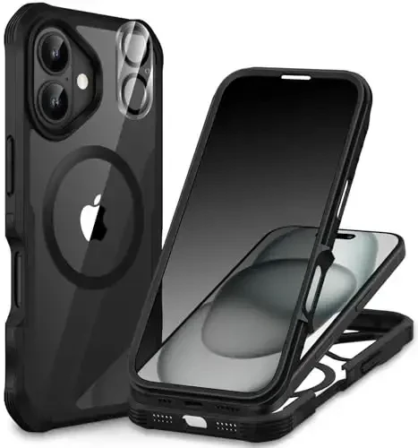 CENHUFO iPhone 16 Plus uchun magnitli maxfiylik gʻilofi [Magsafe bilan mos keladi] Oʻrnatilgan 9H temperli shisha maxfiylik ekrani va kamera linzalari qopqogʻi, zarbaga chidamli bamper - qora 