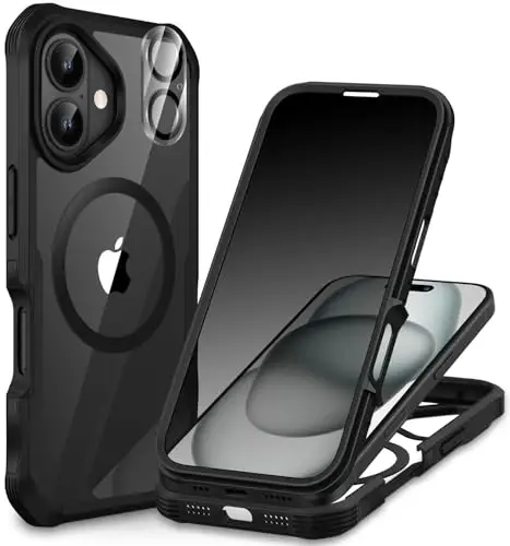 CENHUFO iPhone 16 Plus uchun magnitli maxfiylik gʻilofi [Magsafe bilan mos keladi] Oʻrnatilgan 9H temperli shisha maxfiylik ekrani va kamera linzalari qopqogʻi, zarbaga chidamli bamper - qora - 1