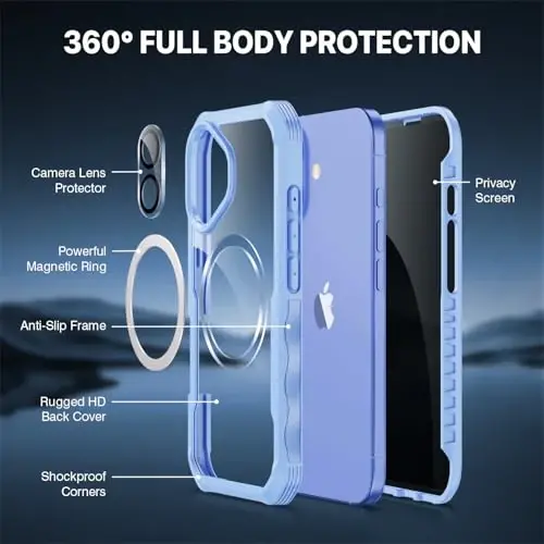 CENHUFO iPhone 16 Plus uchun magnitli maxfiylik g'ilofi [Magsafe bilan mos keladi] To'liq korpusli telefon g'ilofi O'rnatilgan 9H temperli shisha maxfiylik ekran himoyachisi va kamera linzalari qopqog'i, zarbga chidamli bamper - Moviy - 3