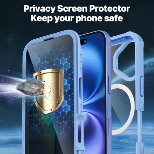 CENHUFO iPhone 16 Plus uchun magnitli maxfiylik g'ilofi [Magsafe bilan mos keladi] To'liq korpusli telefon g'ilofi O'rnatilgan 9H temperli shisha maxfiylik ekran himoyachisi va kamera linzalari qopqog'i, zarbga chidamli bamper - Moviy - 6