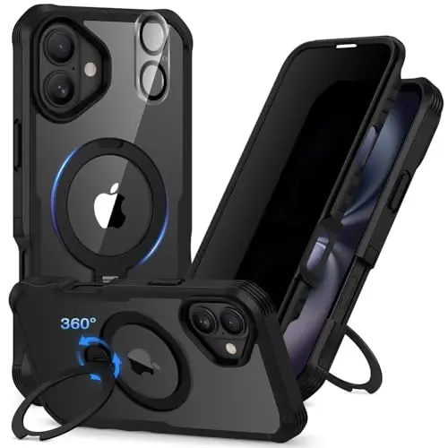 CENHUFO iPhone 16 Plus uchun maxfiylik gʻilofi [Magsafe bilan mos] Toʻliq korpusli telefon gʻilofi Oʻrnatilgan 9H temperlangan shisha maxfiylik ekran himoyachisi va 360° aylanadigan magnit stend halqasi kamera linzalari qopqogʻi - Qora 