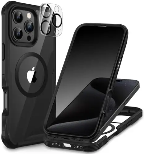 CENHUFO Magnetic Privacy for iPhone 16 Pro Case [Compatible with Magsafe] Full Body Phone Case Built-in 9H Tempered Glass Privacy Screen Protector and Camera Lens Cover, Shockproof Bumper - Black - 1