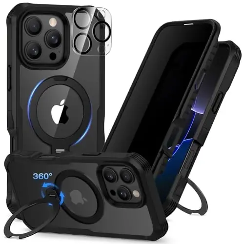 CENHUFO Privacy for iPhone 16 Pro Case [Compatible with Magsafe] Full Body Phone Case Built-in 9H Tempered Glass Privacy Screen Protector and 360° Spin Magnetic Stand Ring, Camera Lens Cover -Black - CENHUFO